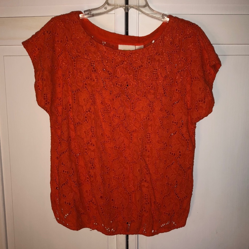 Anthropologie Orange Floral Embroidered Top
